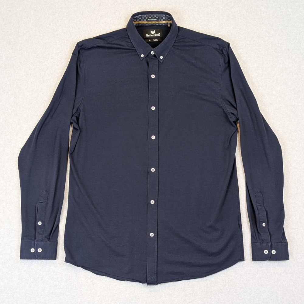 Buttercloth Icy Cotton Button Shirt Mens XLT Tall Navy Blue Stretch Rayon Blend